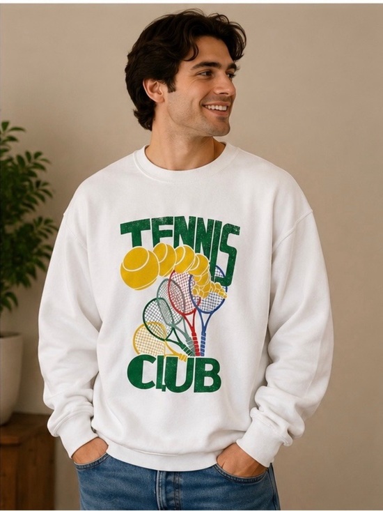 Project Social T Other - Project Social T White Crewneck with Green, Yellow & Blue Tennis Graphic